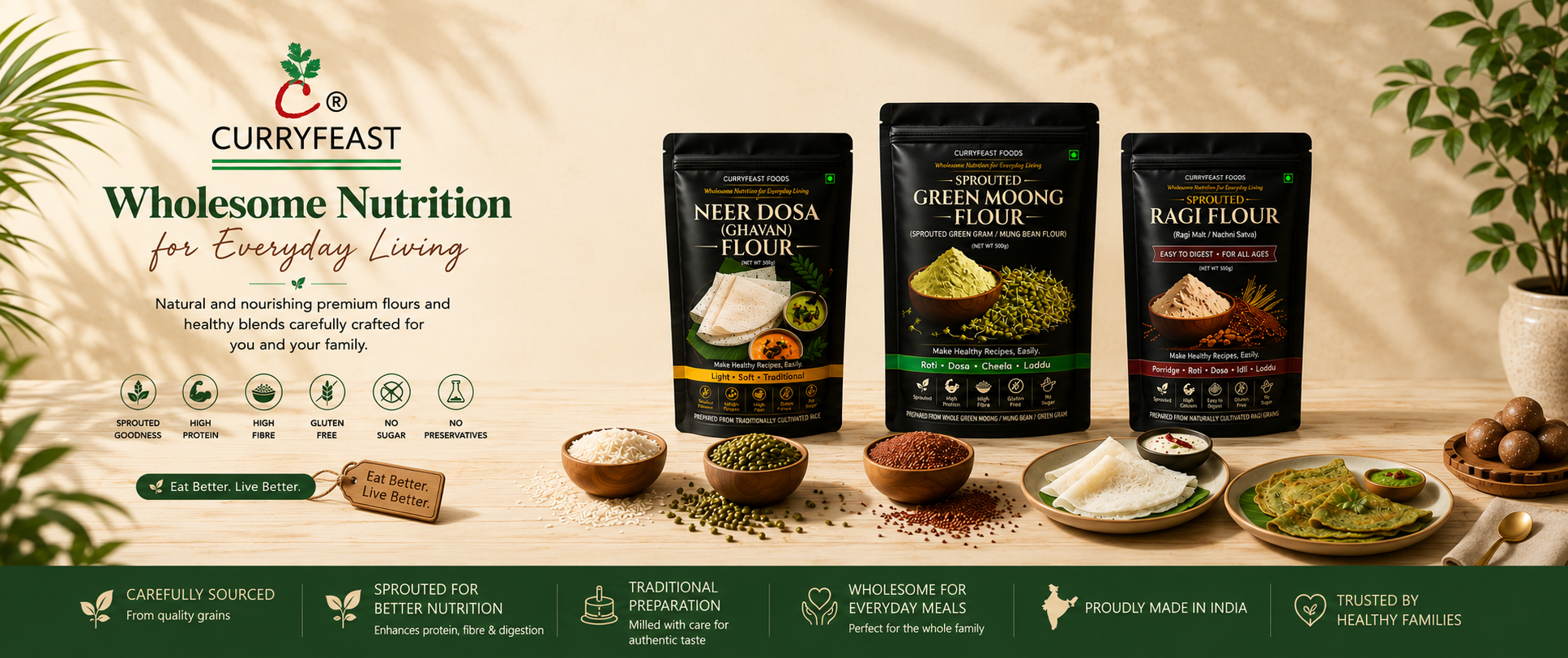 Curryfeast flour packages with ingredients on a wooden table